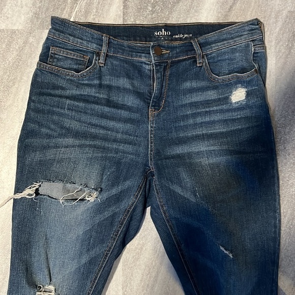 NY&Co Ankle Jeans size 10 holes & frayed hems dark wash patches - Picture 4 of 10